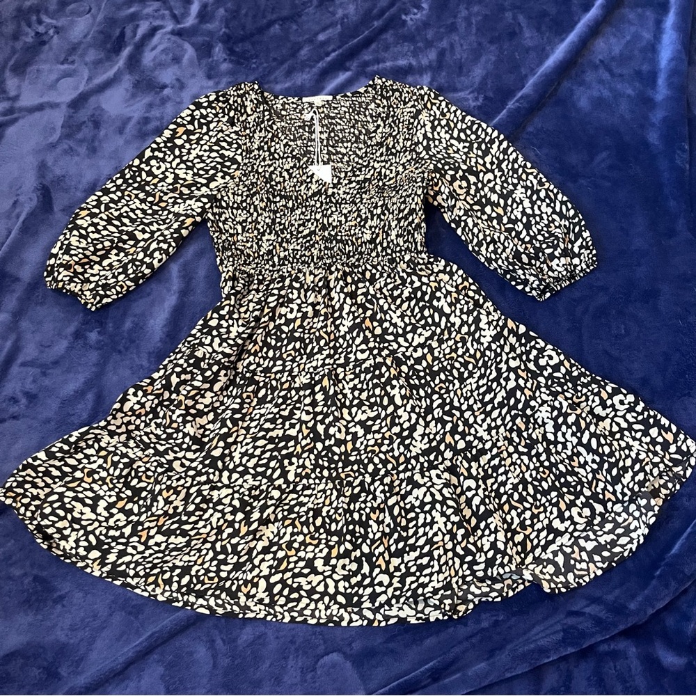 BaeVely Smoked Stetch Tiered Leopard Print Black and Cream Accents Dress size M